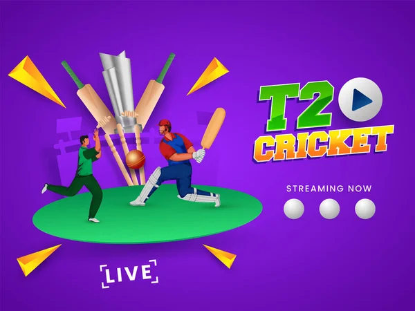 T20 Cricket Watch Live Konzept Mit Batsman Bowler Pose Und — Stockvektor