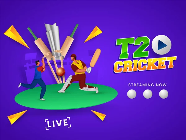 T20 Cricket Watch Live Concept Con Bateador Jugador Bolos Jugar — Vector de stock