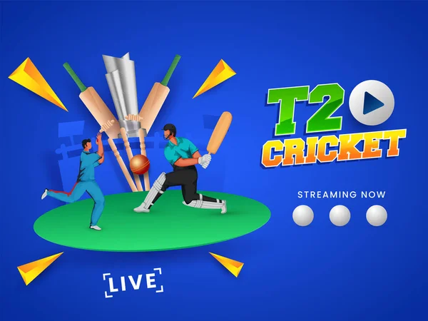 T20 Kriket Saati Vurucu, Bowling Poz Veren Bowlingçi ve Mavi Arkaplanda 3D Gümüş Kupa.