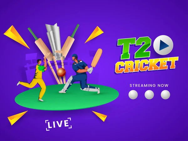 T20 Κρίκετ Παρακολουθήστε Live Show Batsman Bowler Παίζοντας Pose Και — Διανυσματικό Αρχείο