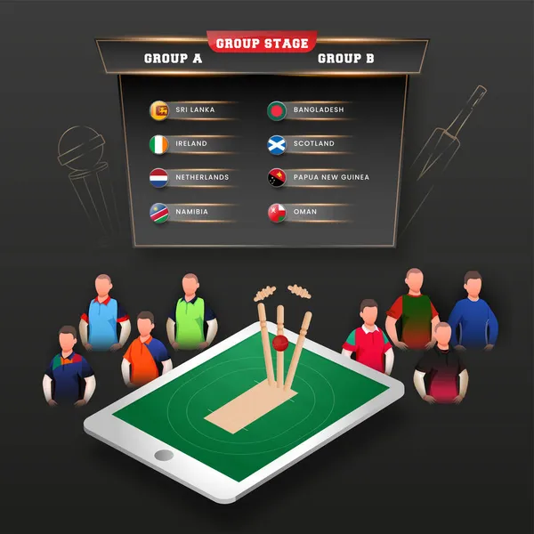 Груповий Етап Список Безликими Гравцями Крикет Кулькові Хіти Wicket Stump — стоковий вектор