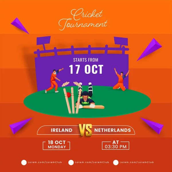 Cricketturnier Match Zwischen Irland Und Den Niederlanden Mit Auslaufendem Cricketer — Stockvektor