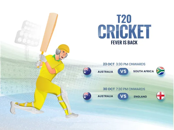T20 Cricket Fever Back Concept Australia Batsman Player Participating Countries — Vetor de Stock