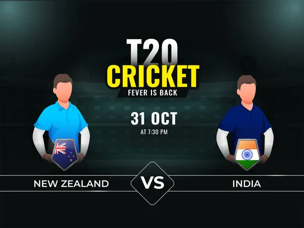ニュージーランドとインドのT20クリケットマッチ ダークテールスタジアムの背景に顔のない選手と — ストックベクタ