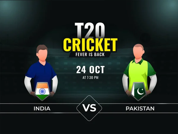 T20 Cricket Match India Pakistan Faceless Players Dark Teal Stadium — стоковий вектор