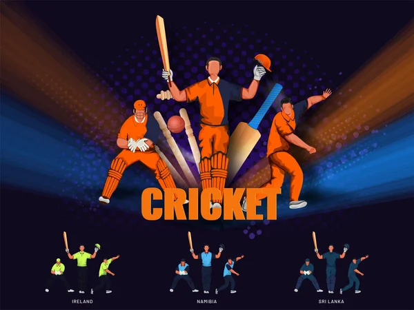 Équipe Cricket Sans Visage Des Pays Participants Avec Des Équipements — Image vectorielle