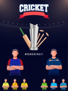 Kriket Şablonu veya Yüzsüz Kriket Oyuncuları ve Mavi Stadyum Arkaplanındaki 3 Boyutlu Gümüş Kupa Oyuncuları.