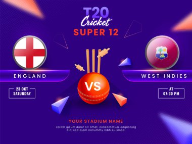 T20 Kriket Süper 12 Maçı İngiltere Batı Hint Adaları 'na karşı 3D Kırmızı Top, Wicket Stumps ve Mor Noktalar Üçgen Elementleri.