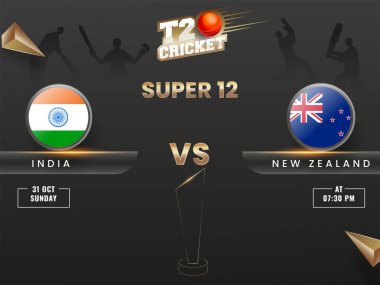 T20 Kriket Süper 12 Maçı Hindistan - Yeni Zelanda Hat Sanat Kupası ve Siyah Siluet Oyuncuları Altın Üçgen Elemenleri Arkasında.