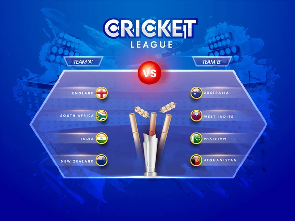 Cricket League Affiche Ontwerp Met Deelnemend Team Een Verschillende Landen — Stockvector