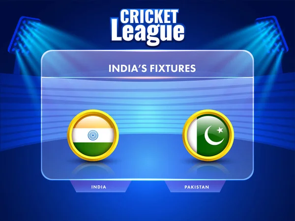评论联盟印度的固定海报设计与参赛球队印度Vs巴基斯坦在透明屏幕或玻璃和蓝色体育场的观点 — 图库矢量图片