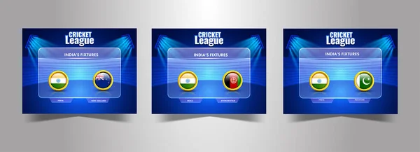 参加国とのクリケットリーグインドのフィクスチャベースのポスターデザイン3つのオプションで透明画面とブルースタジアムビューのチーム — ストックベクタ