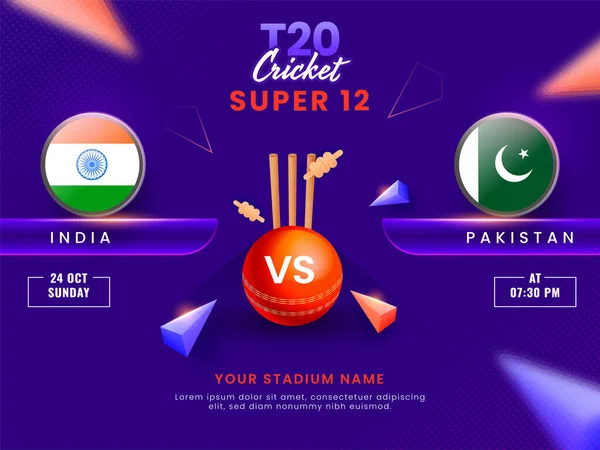 T20 Cricket Super Jogo Entre Indian Paquistão Com Bola Vermelha — Vetor de Stock