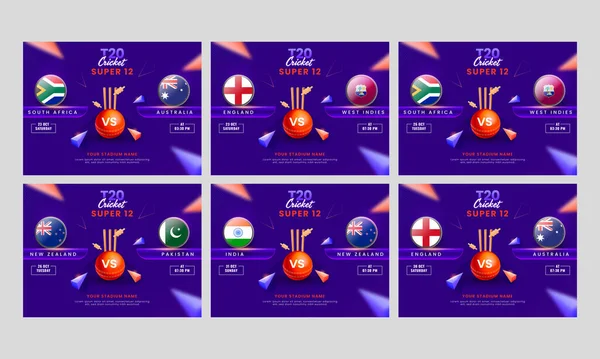 T20クリケットスーパー12試合参加国とポスターデザイン6つのオプションで紫の背景にフラグバッジ — ストックベクタ