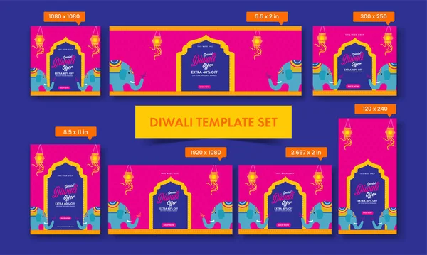 Diwali Sale Social Media Πρότυπα Συλλογή Ελέφαντες Κινουμένων Σχεδίων Ροζ — Διανυσματικό Αρχείο