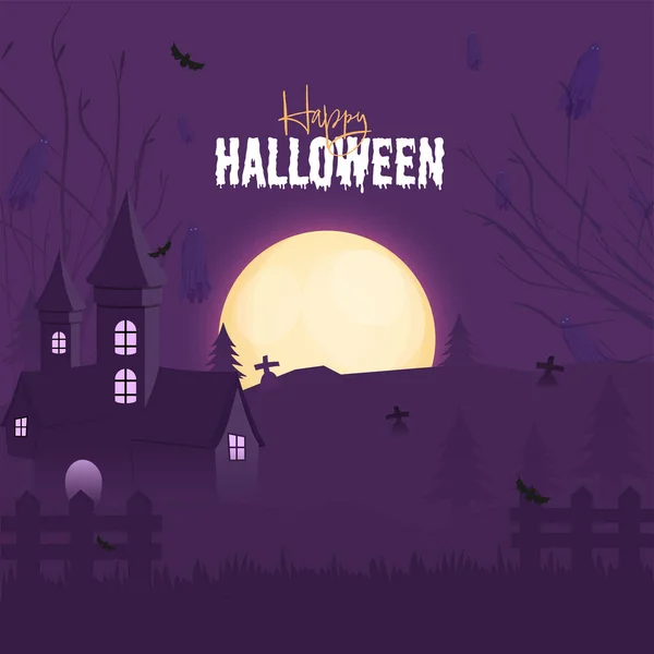 Feliz Fonte Halloween Com Casa Assombrada Fundo Cemitério Roxo Lua —  Vetores de Stock