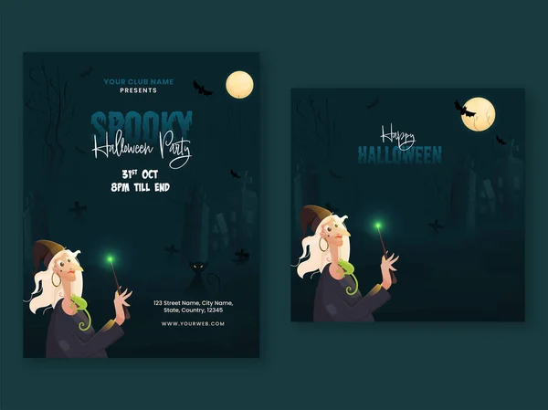 Halloween Party Poster Design Cartoon Witch Doing Magic Full Moon — стоковий вектор