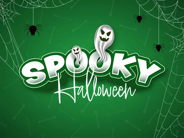 ステッカースタイルの不気味なフォント光沢のある漫画の幽霊とクモの巣緑の骨にハロウィーンパーティーの背景 — ストックベクタ
