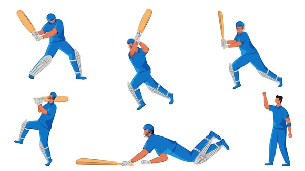 Set Giocatori Cricket Senza Volto Diverse Posizioni Sfondo Bianco — Vettoriale Stock