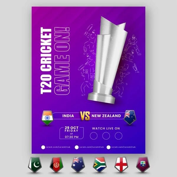 T20クリケットゲーム3Dシルバートロフィーカップ リニアスタイルの選手とインド対ニュージーランドの参加チームとフライヤーデザイン — ストックベクタ