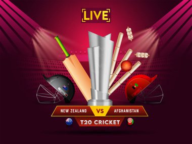 Yeni Zelanda ile Afganistan arasındaki canlı T20 Kriket Maçı 3 boyutlu turnuva ekipmanıyla Burgundy Stadyumu Arkaplanındaki Gümüş Kupa.