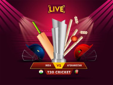 Hindistan ile Afganistan arasındaki T20 canlı kriket maçı 3 boyutlu turnuva ekipmanıyla Burgundy Stadyumu 'nda gümüş kupa kupası.