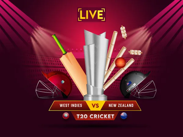 Live T20 Cricket Konzept Mit Turnierausrüstung Silberpokal Und Teilnehmendem Team — Stockvektor