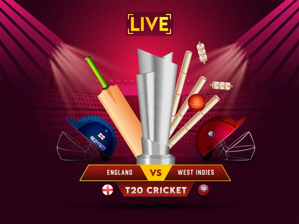 Live T20 Cricket Match Tra Inghilterra West Indies Con Attrezzature — Vettoriale Stock