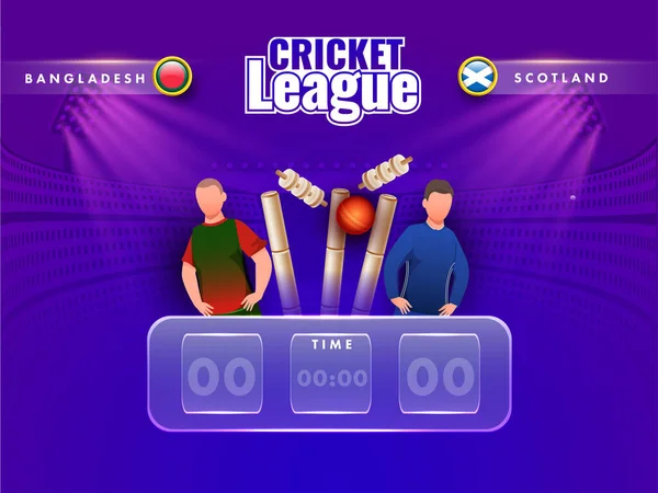 孟加拉国队与苏格兰队的板球数字记分板与无脸球员及渐变紫罗兰体育场3D球击球棒 — 图库矢量图片