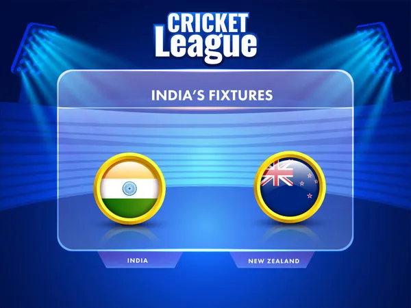 Conceito do campeonato de críquete t20 índia vs nova zelândia jogo  cabeçalho ou banner com bola de críquete no fundo do estádio.