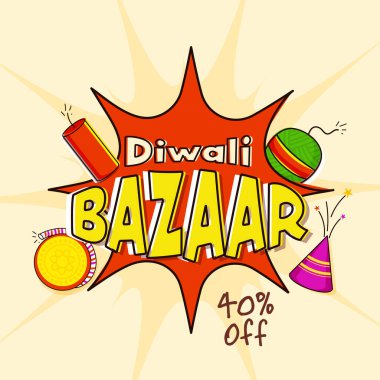 Diwali Bazaar Poster Tasarımı% 40 indirimli Teklif ve Popüler Sanat Arkaplanda Havai fişek.