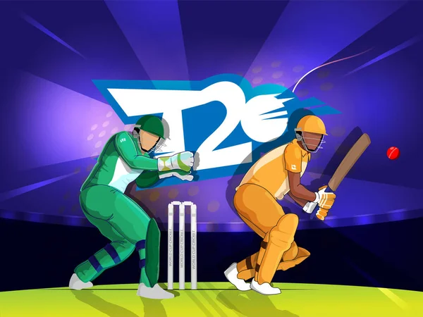 T20 Cricket Batter Jugador Wicket Keeper Juego Pose Blue Stadium — Vector de stock