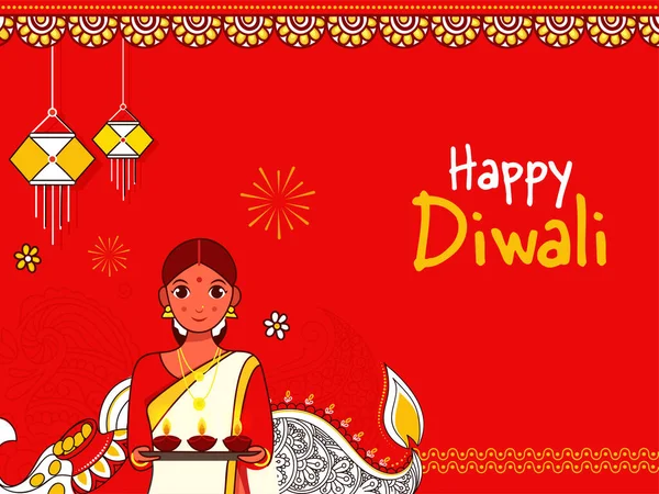 Happy Diwali Concept Avec Femme Indienne Tenant Plaque Lampes Huile — Image vectorielle