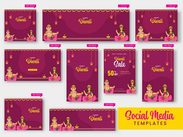 Collezione Modelli Social Media Diwali Con Signore Indù Ganesha Dea — Vettoriale Stock