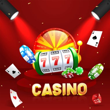 Kumar makinesi, çarkıfelek, as kart, poker çipleri ve kırmızı sahne arkaplanı üzerine odaklanan 3D Altın Kumarhane Metni.