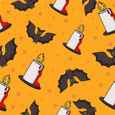 Çizgi film Yarasalarının Kusursuz Şablonu ve Sarı Arkaplanda Aydınlatılmış Mumlar.