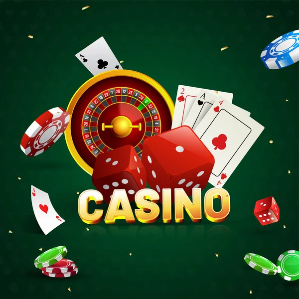 Texto Dourado Casino Com Roda Roleta Jogando Cartas Dados Fichas — Vetor de Stock