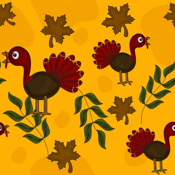 Cartoon Türkei Vögel Und Herbstblätter Auf Gelbem Hintergrund Dekoriert — Stockvektor