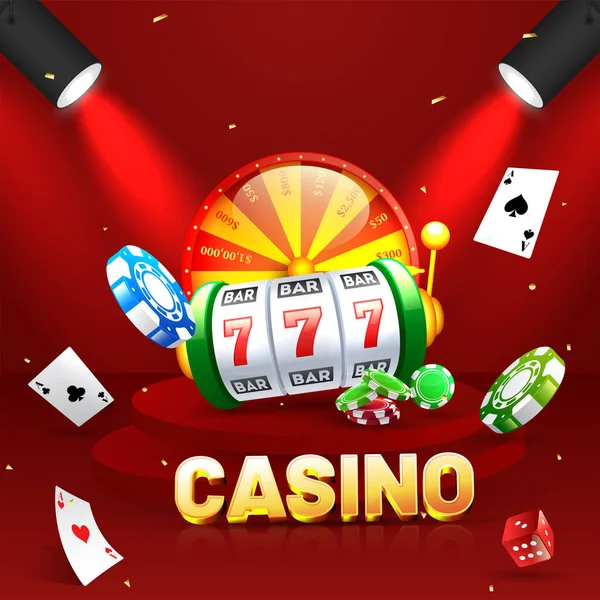 3D金卡西诺文字与缝纫机 幸运轮 Ace卡 扑克芯片和焦点灯的红色舞台背景 — 图库矢量图片