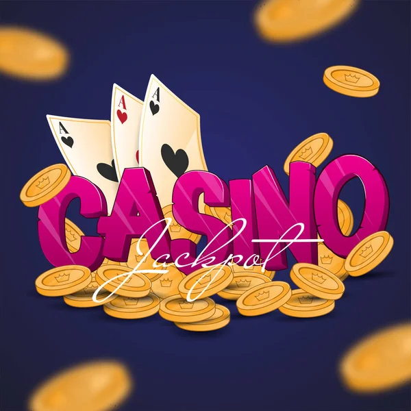 Casino Jackpot Font Ace Cards Golden Coins Decorated Blue Background — Stock Vector