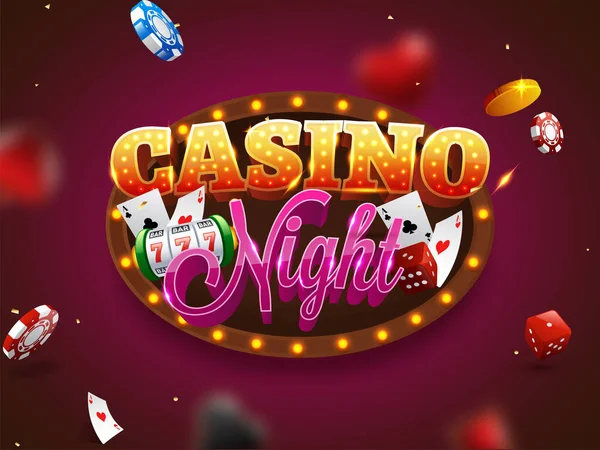 Casino Night Text Marquee Oval Ram Med Spelautomat Spela Kort — Stock vektor