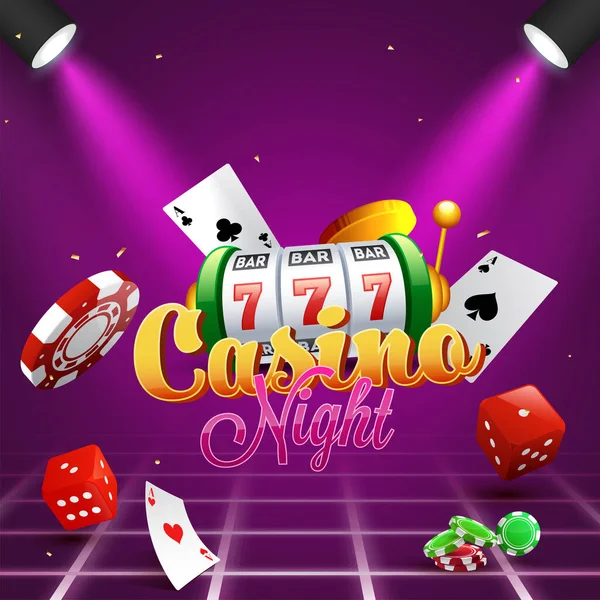 Casino Night Poster Design Slot Machine Playing Cards Poker Chips — 스톡 벡터