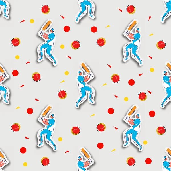 Estilo Pegatina Batsman Cricket Bola Roja Sin Costuras Patrón Fondo — Archivo Imágenes Vectoriales