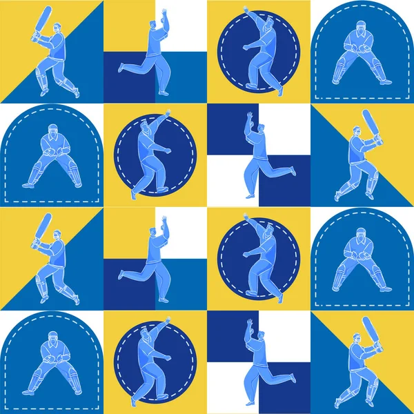 Sticker Style Cricket Spelers Kleurrijke Geometrische Vierkante Patroon Achtergrond — Stockvector