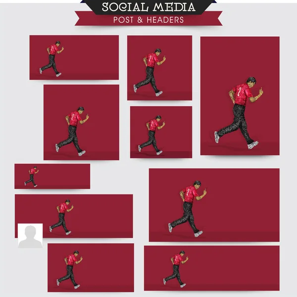 英格兰板球运动员在红色背景和复制空间上运行的社交媒体帖子和标题集 — 图库矢量图片