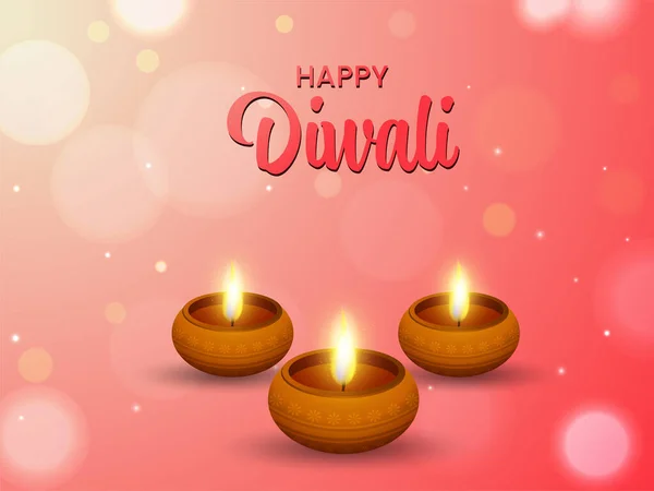 Happy Diwali Concept Met Realistische Lit Olielampen Diya Gradient Peach — Stockvector