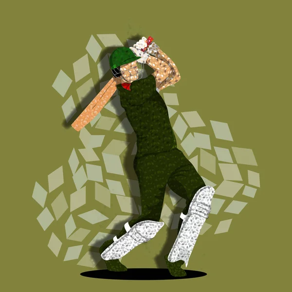 緑の背景にロンバスパターンでバングラデシュのクリケットバッター選手のイラスト — ストックベクタ