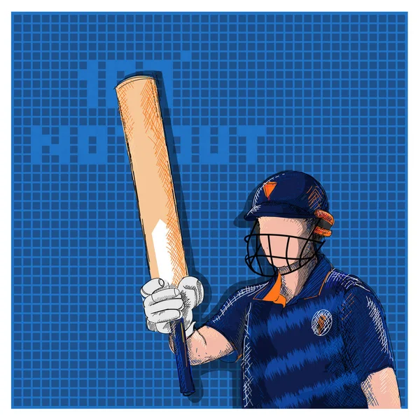 Doodle Indian Cricket Batter Zvýšení Svého Netopýra 100 Out Font — Stockový vektor