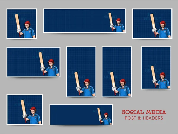 泽西团队中的板球手或击球手的社交媒体邮件集 为您的消息提供复制空间 Pixel Art Detailed Character Illustration — 图库矢量图片
