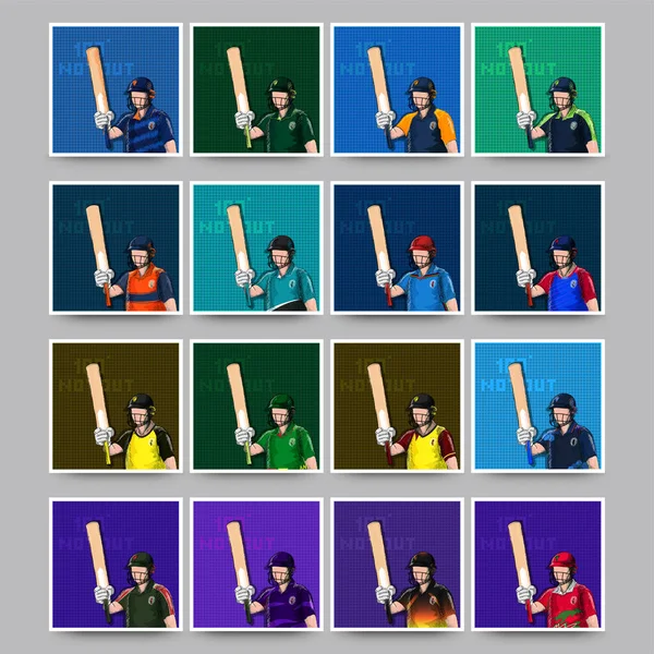 Social Media Post Template Set Doodle Cricket Batter Player Grid — Stockový vektor
